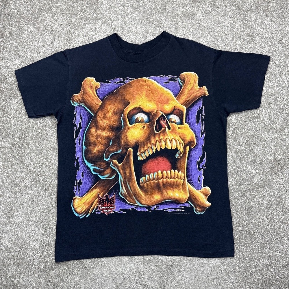 Vintage 1993 3D Emblem American Biker Skull Crossbones T Shirt Large